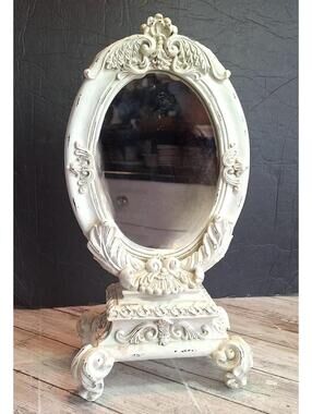 Shabby Chic Chippy White Oval Pedestal Four Footed Vanity Mirror 14.5"HX7"W X5"D